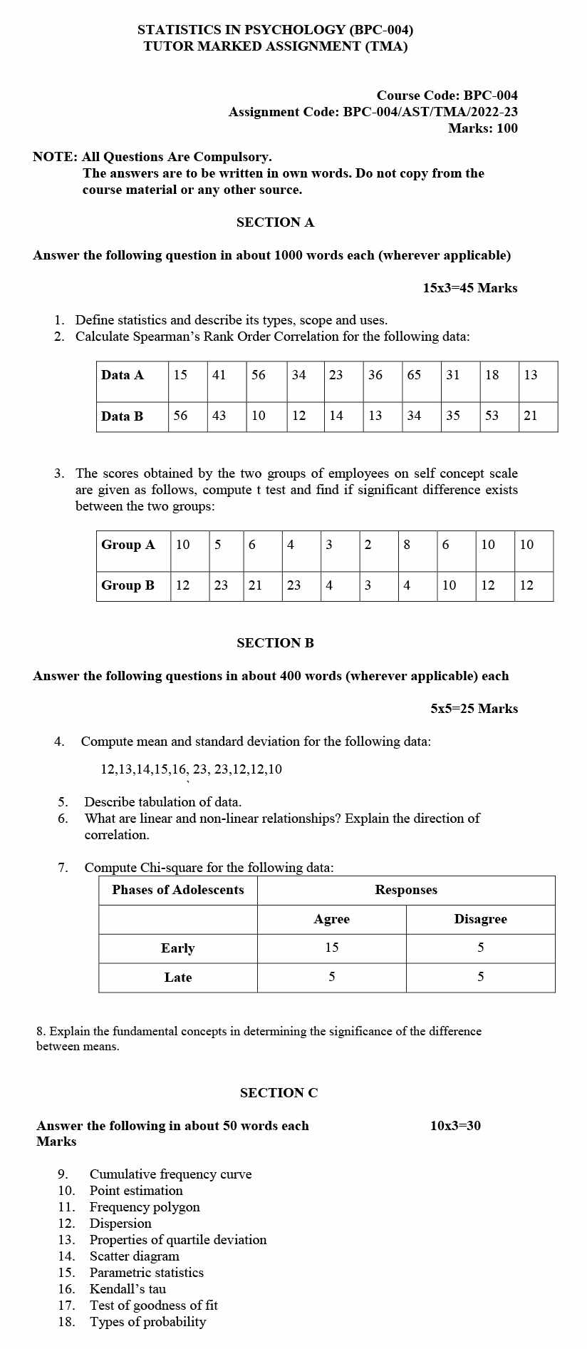 IGNOU BPC-04 - Statistics in Psychology Latest Solved Assignment-July 2022 – January 2023