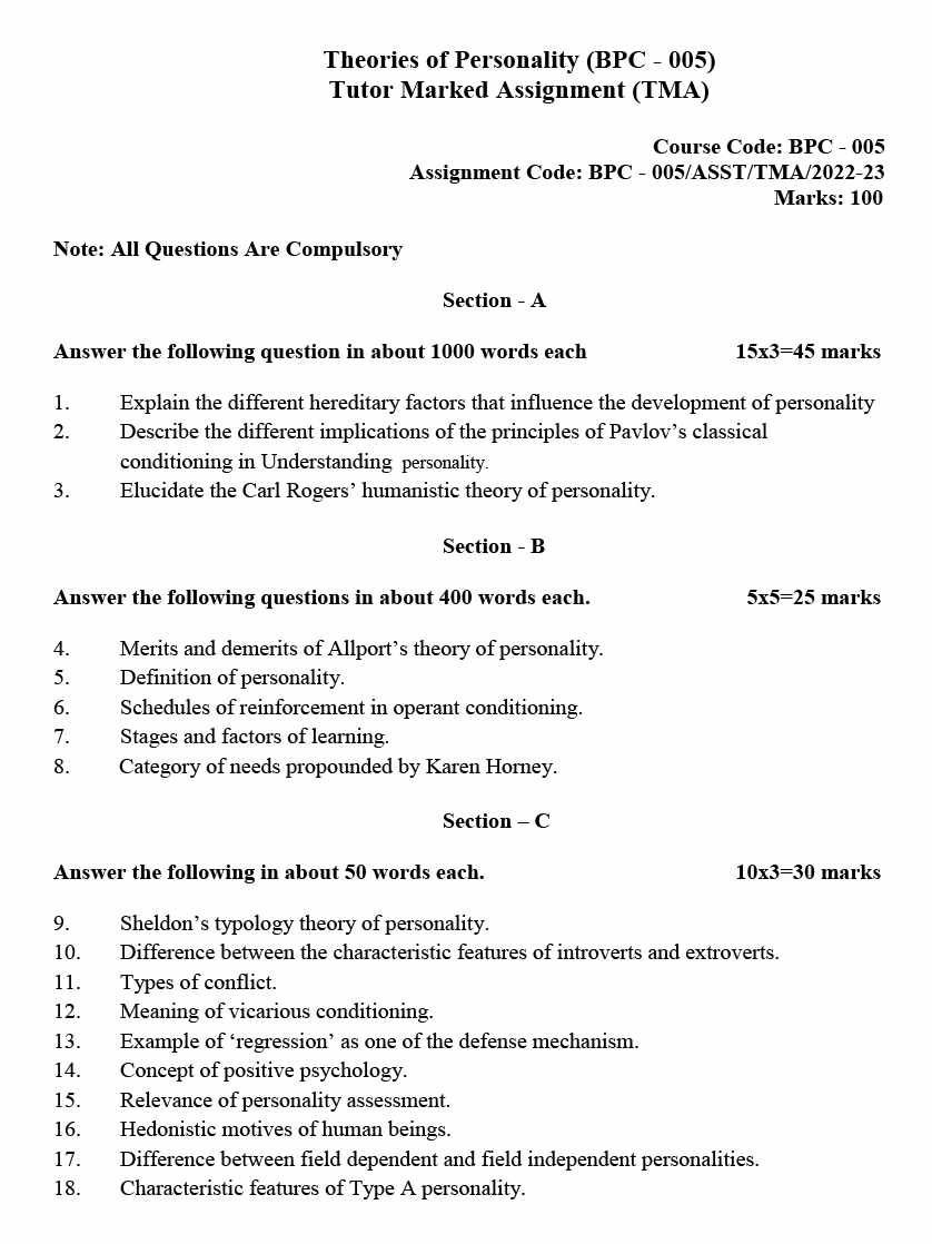 IGNOU BPC-05 - Theories of Personality Latest Solved Assignment-July 2022 – January 2023