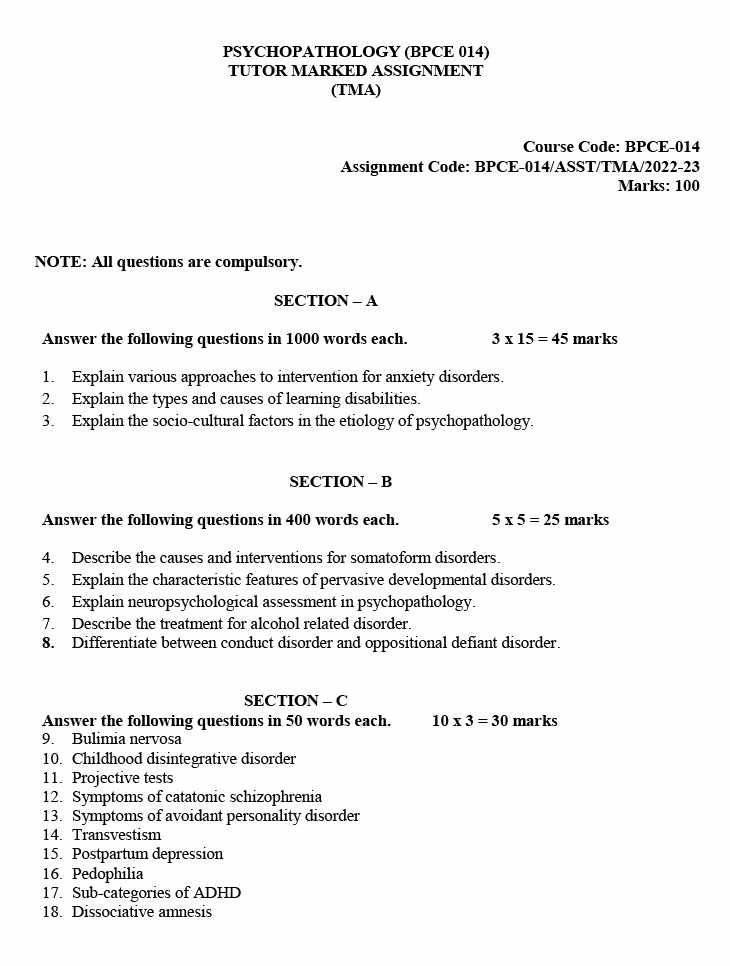 IGNOU BPCE-14 - Psychopathology Latest Solved Assignment-July 2022 – January 2023