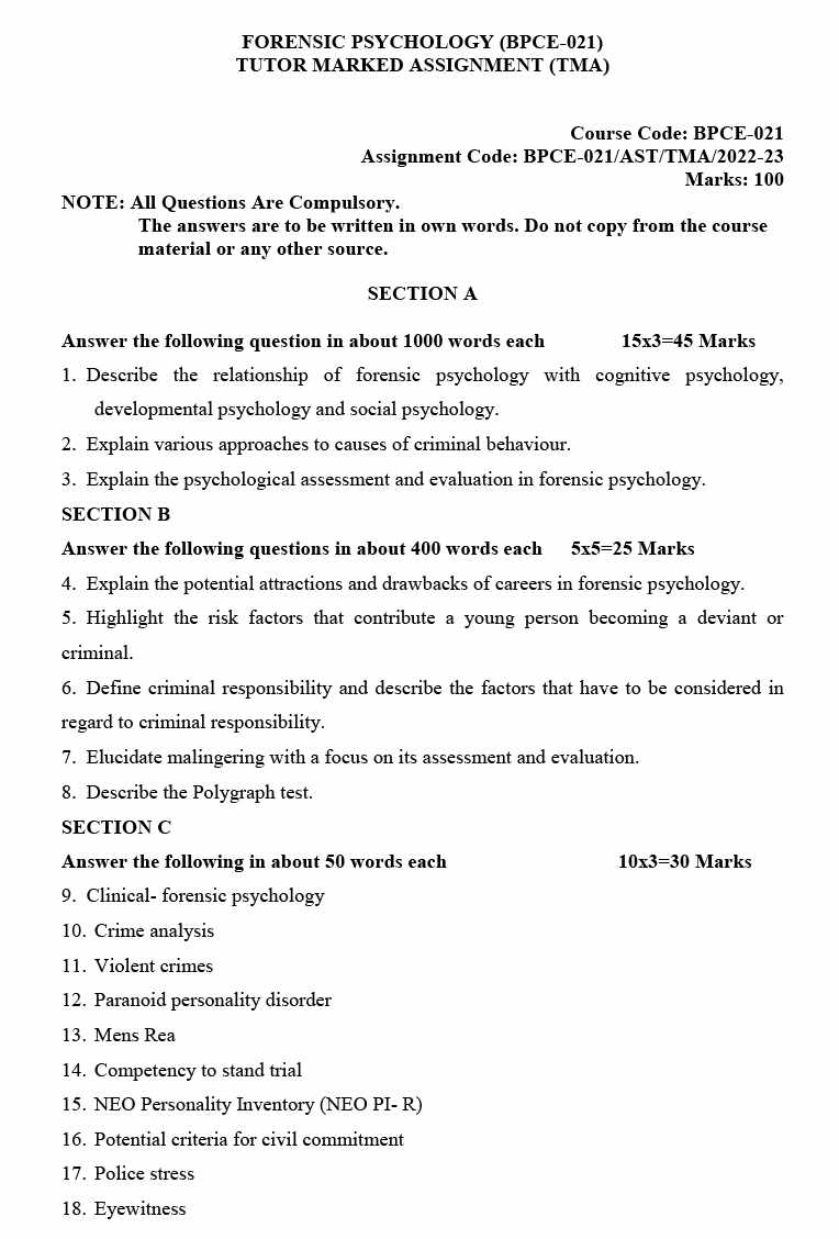 IGNOU BPCE-21 - Forensic Psychology Latest Solved Assignment-July 2022 – January 2023