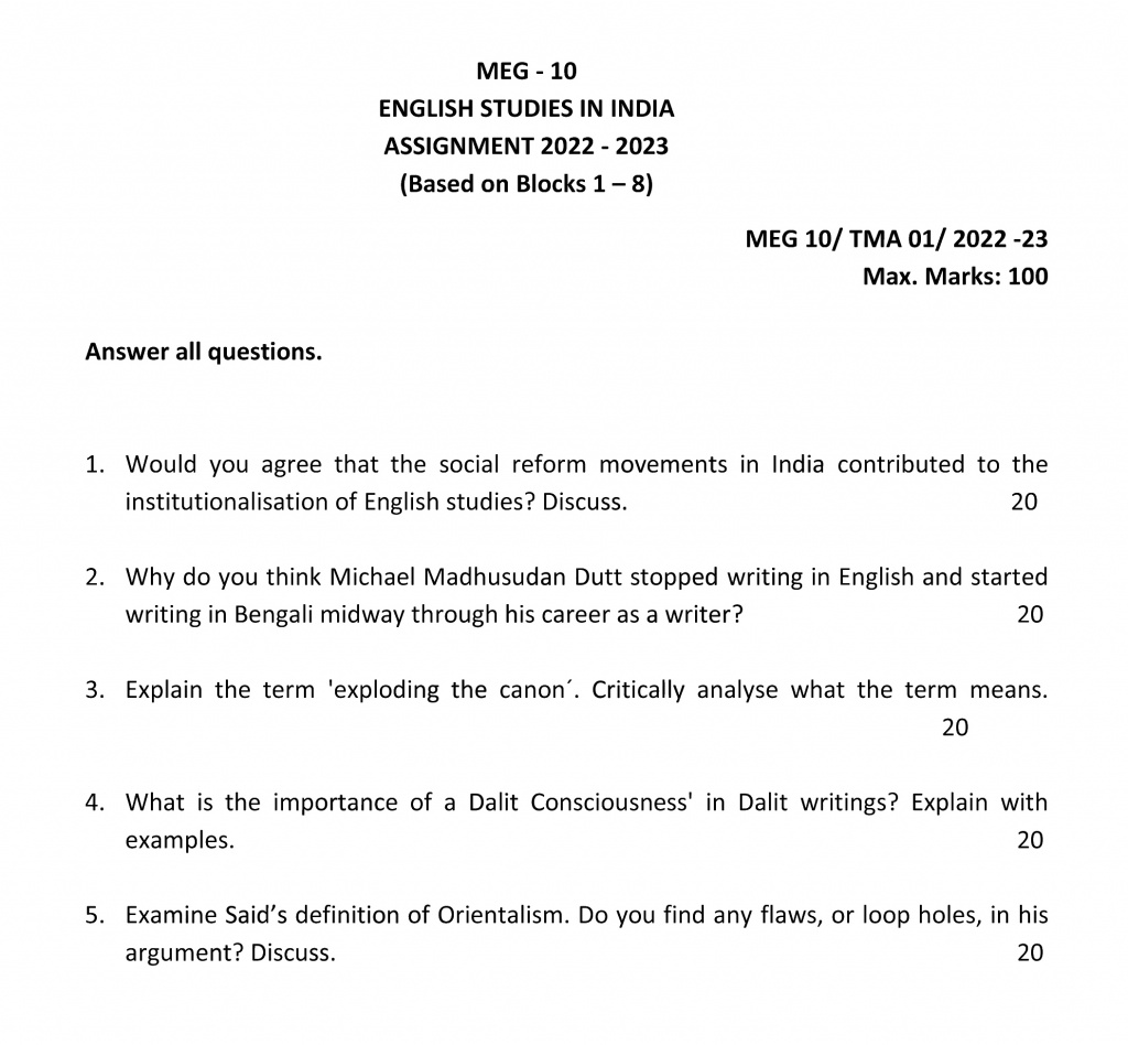 IGNOU MEG-10 - English Studies in India Latest Solved Assignment-July 2022 – January 2023