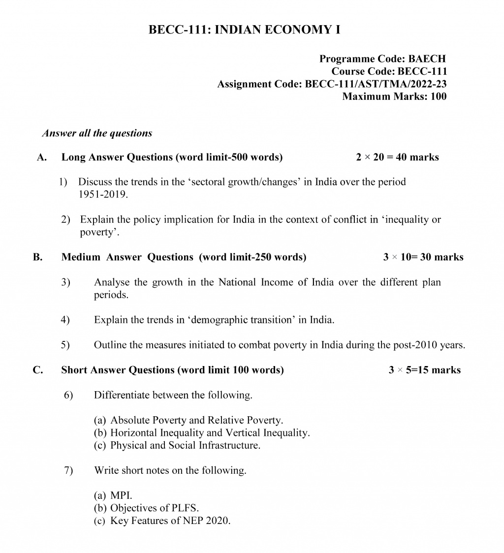 IGNOU BECC-111 - Indian Economy-I Latest Solved Assignment-July 2022 – January 2023