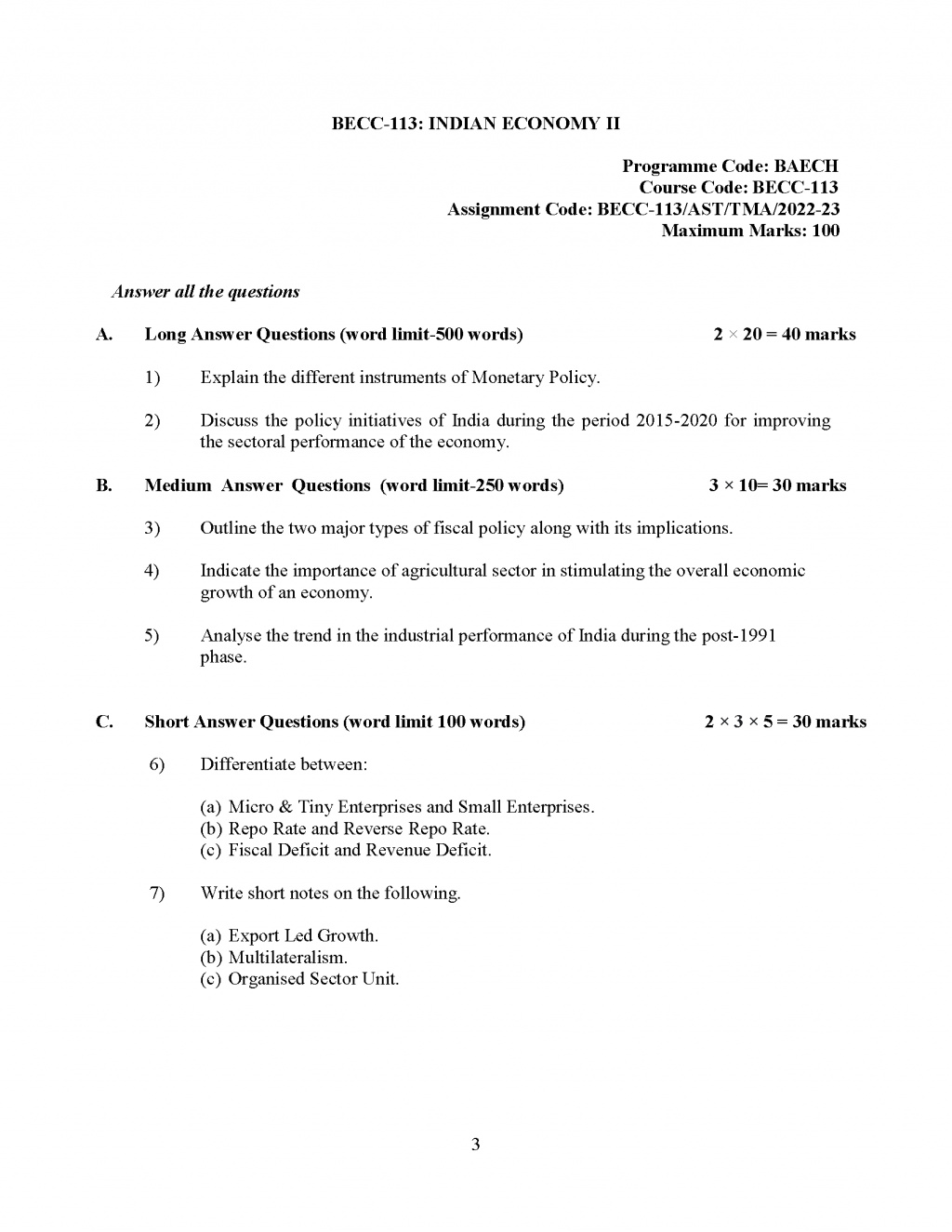 BECC-113 - Indian Economy II-July 2022 – January 2023