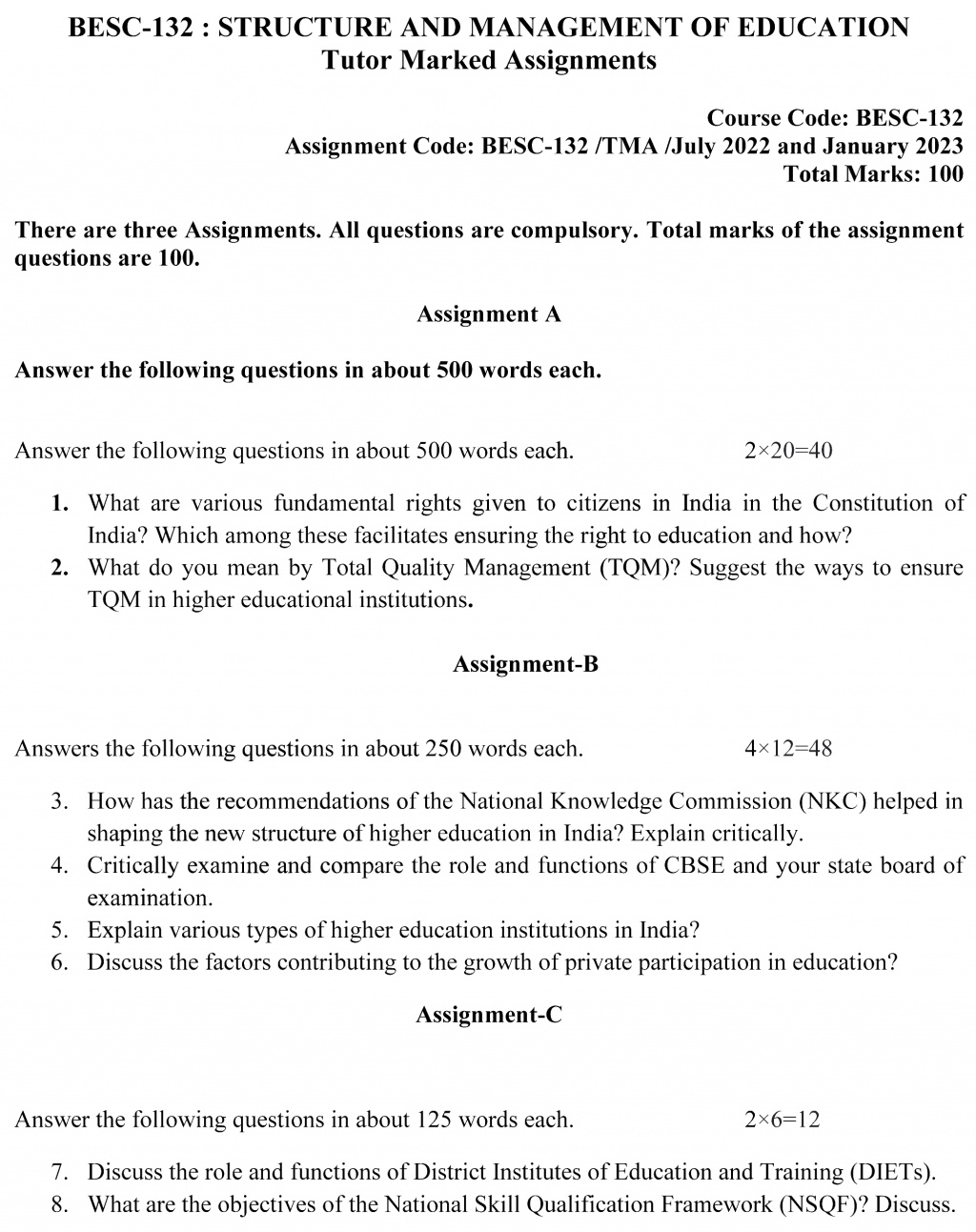 BESC-132 - Structure and Management of Education-July 2022 – January 2023