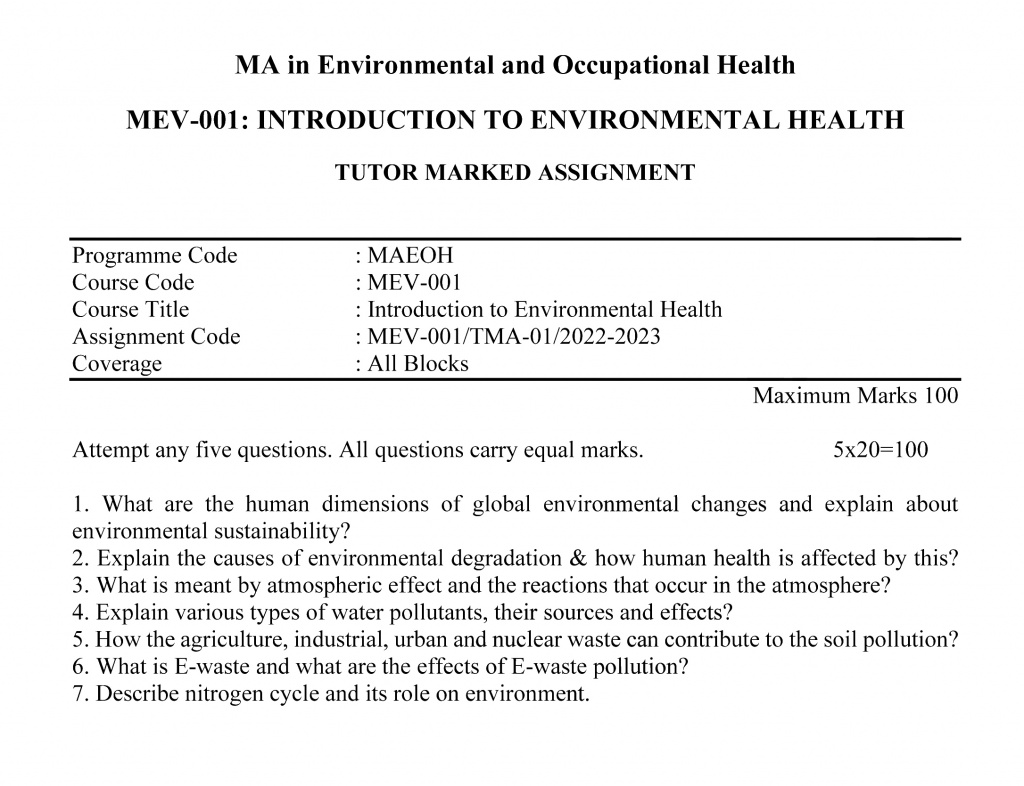 IGNOU MEV-01 - Introduction to Environmental Health Latest Solved Assignment-July 2022 – January 2023