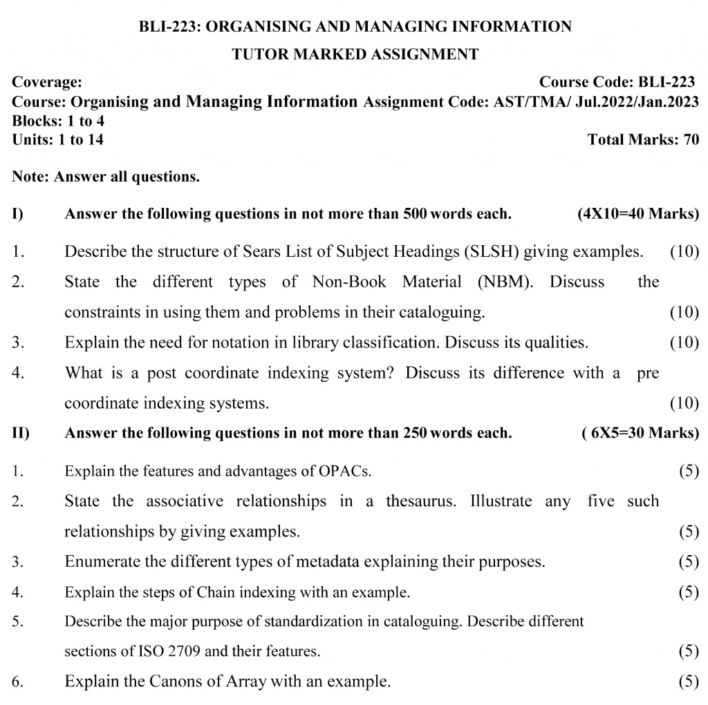 IGNOU BLI-223 - Organising and Managing Information, Latest Solved Assignment-July 2022 – January 2023