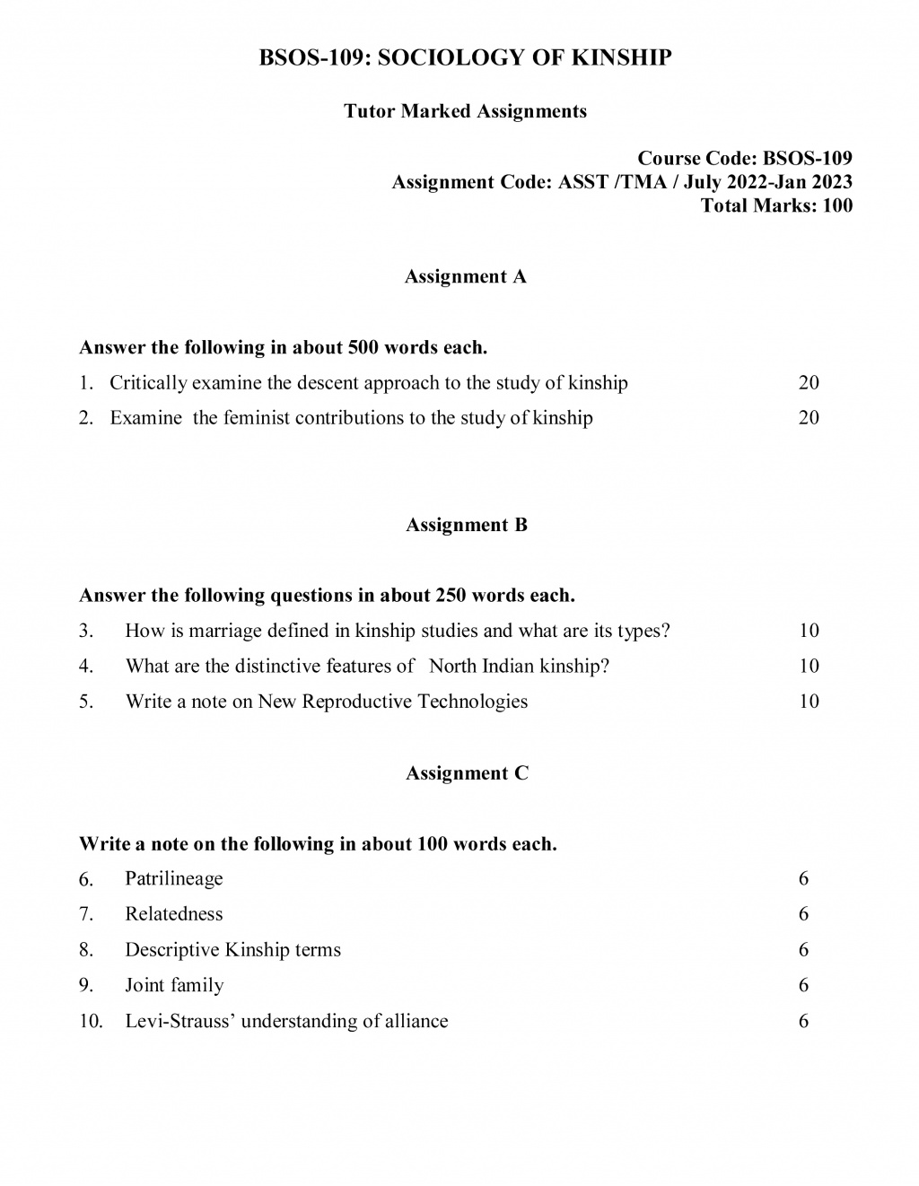 IGNOU BSOC-109 - Sociology of Kinship, Latest Solved Assignment -July 2022 – January 2023