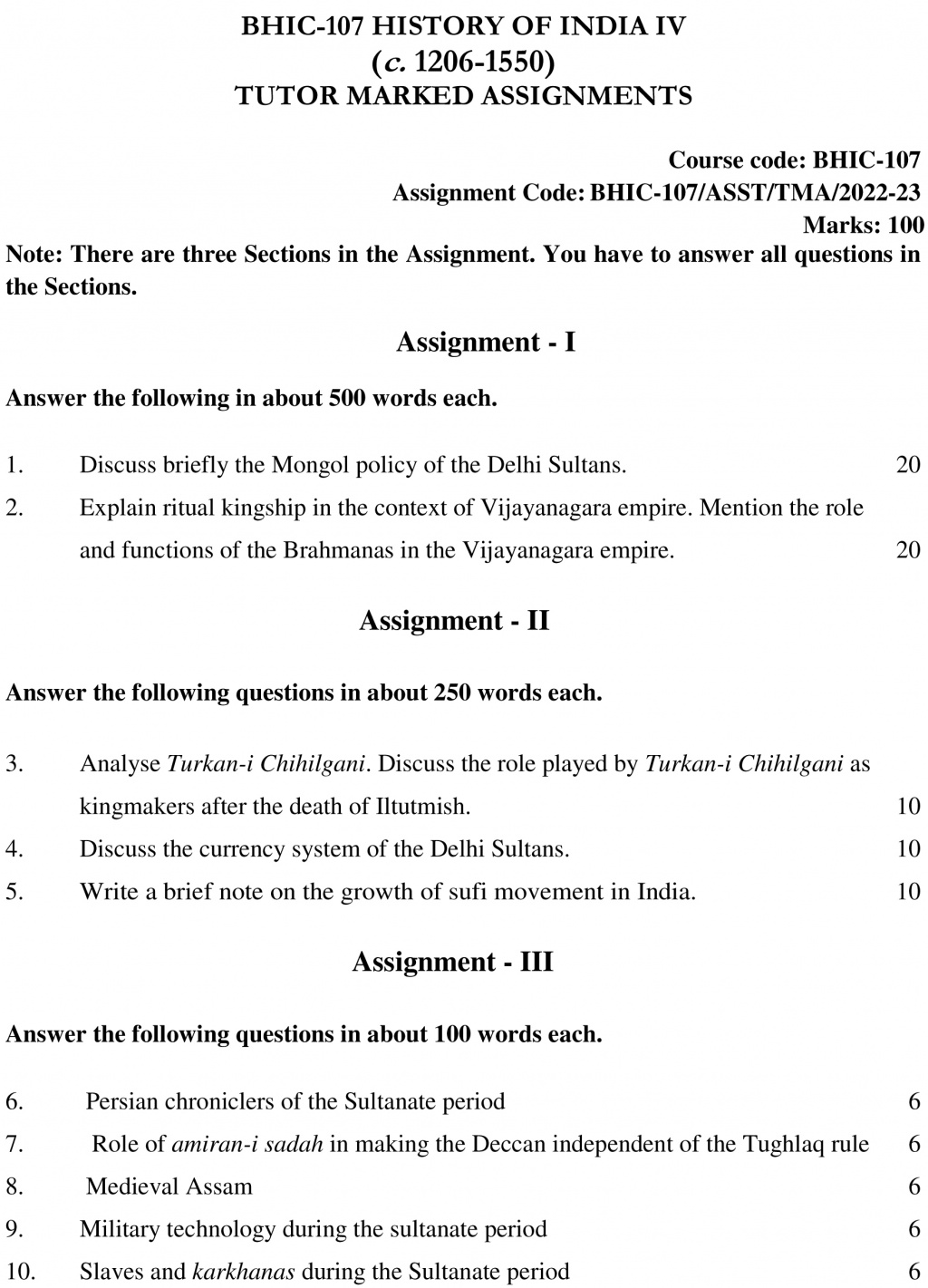 IGNOU BHIC-107 - History of India – IV (c. 1206 – 1550) Latest Solved Assignment-July 2022 – January 2023