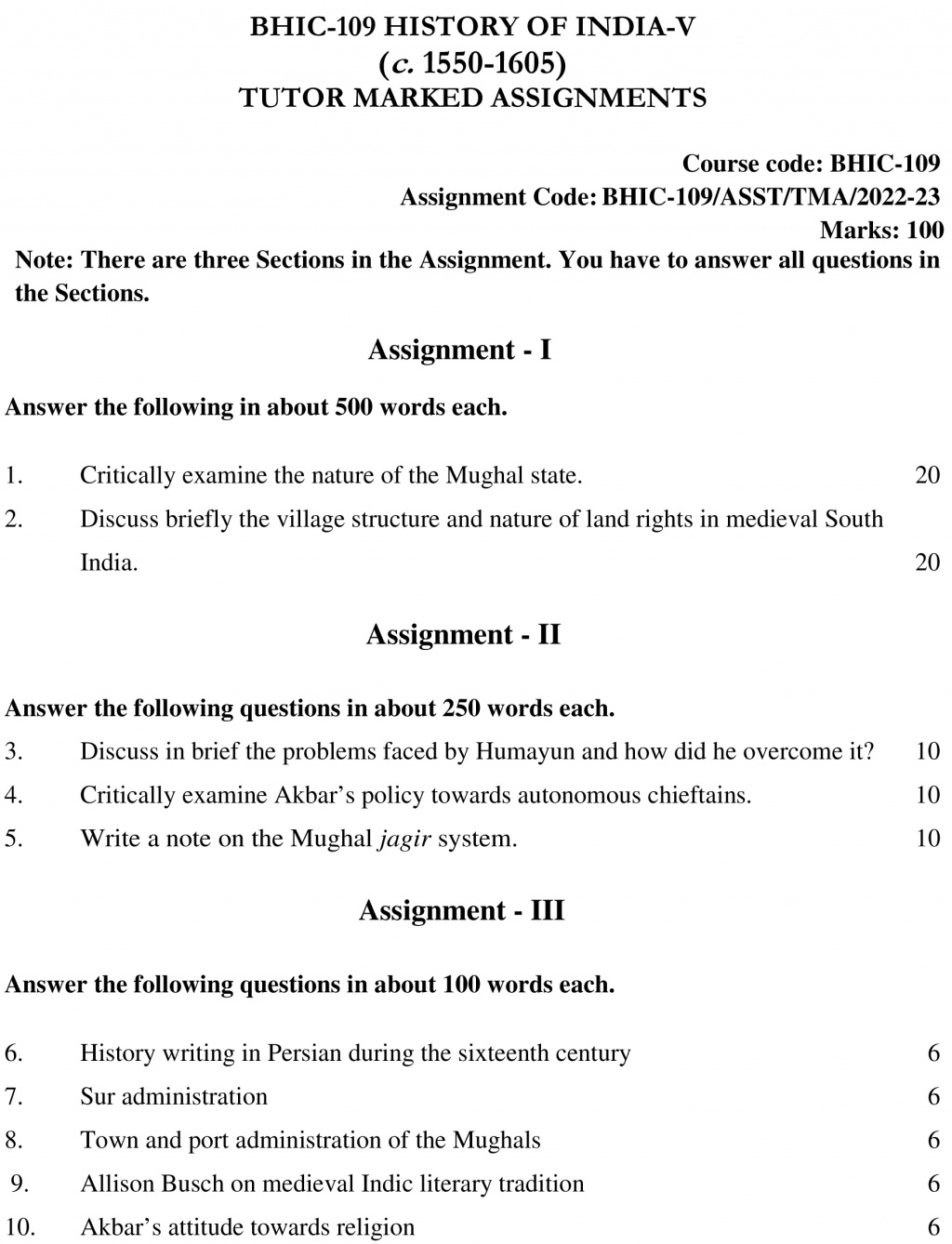 IGNOU BHIC-109 - History of India –V (c. 1550 – 1605) Latest Solved Assignment-July 2022 – January 2023