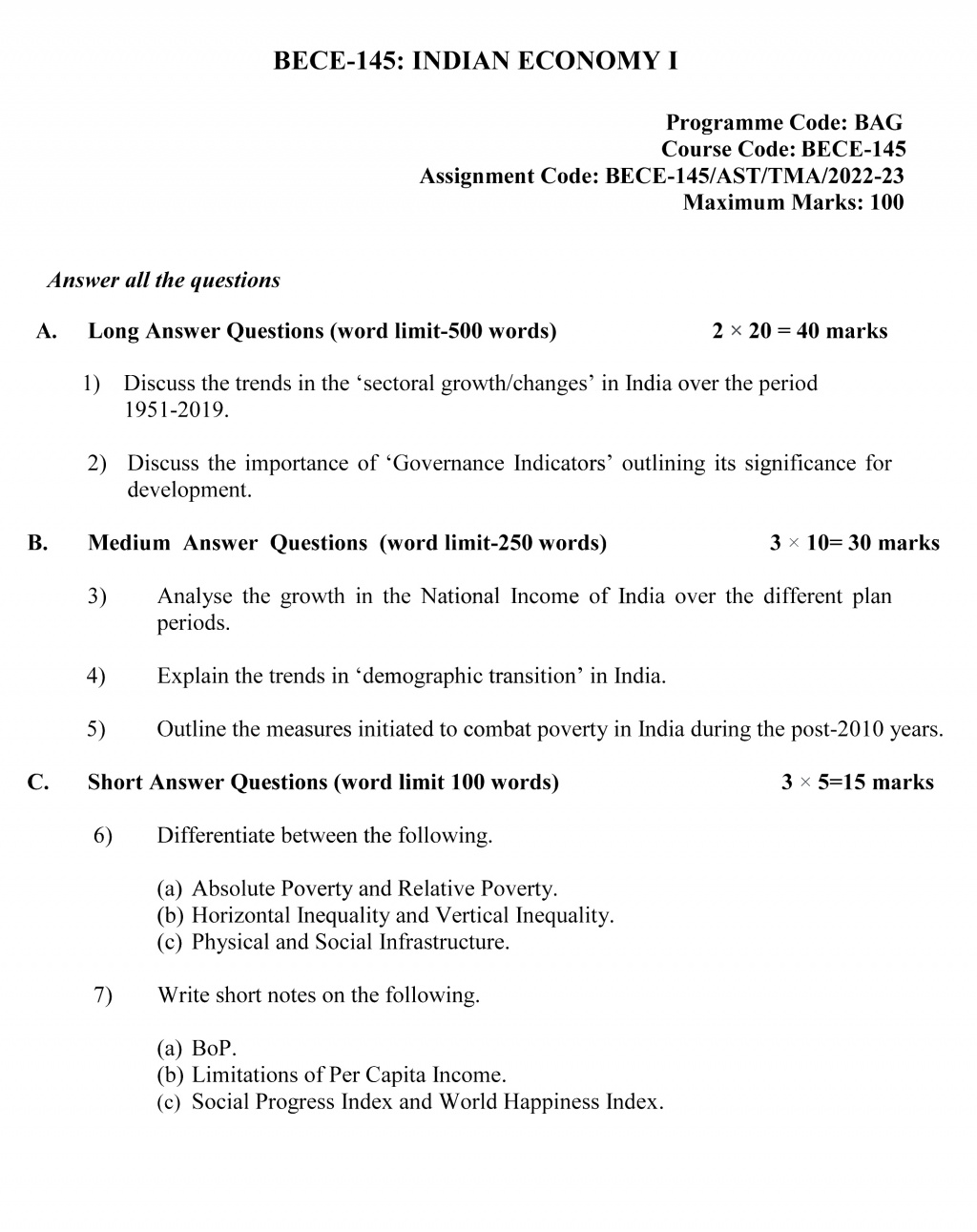 IGNOU BECE-145 - Indian Economy – I, Latest Solved Assignment-July 2022 – January 2023