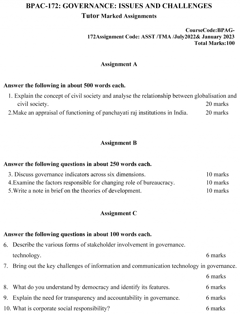 IGNOU BPAG-172 - Governance: Issues and Challenges, Latest Solved Assignment-July 2022 – January 2023