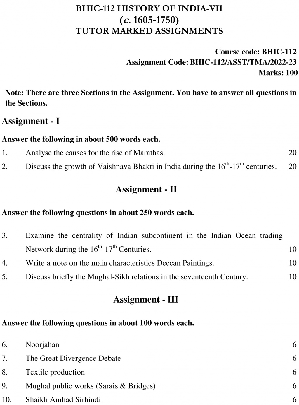 IGNOU BHIC-112 - History of India –VII (c. 1605 – 1750) Latest Solved Assignment-July 2022 – January 2023