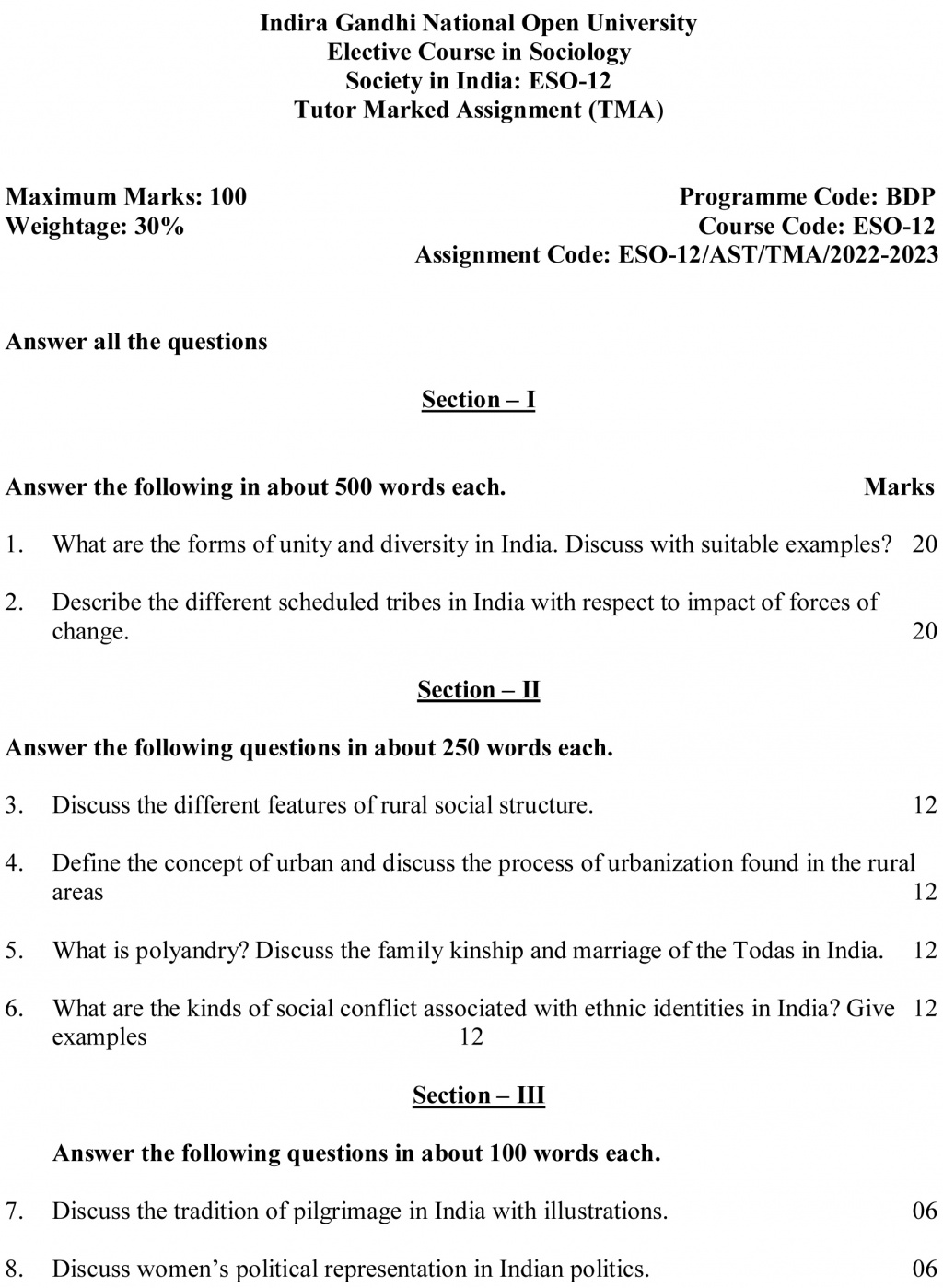 IGNOU ESO-02/12 - Society in India, Latest Solved Assignment-July 2022 - January 2023