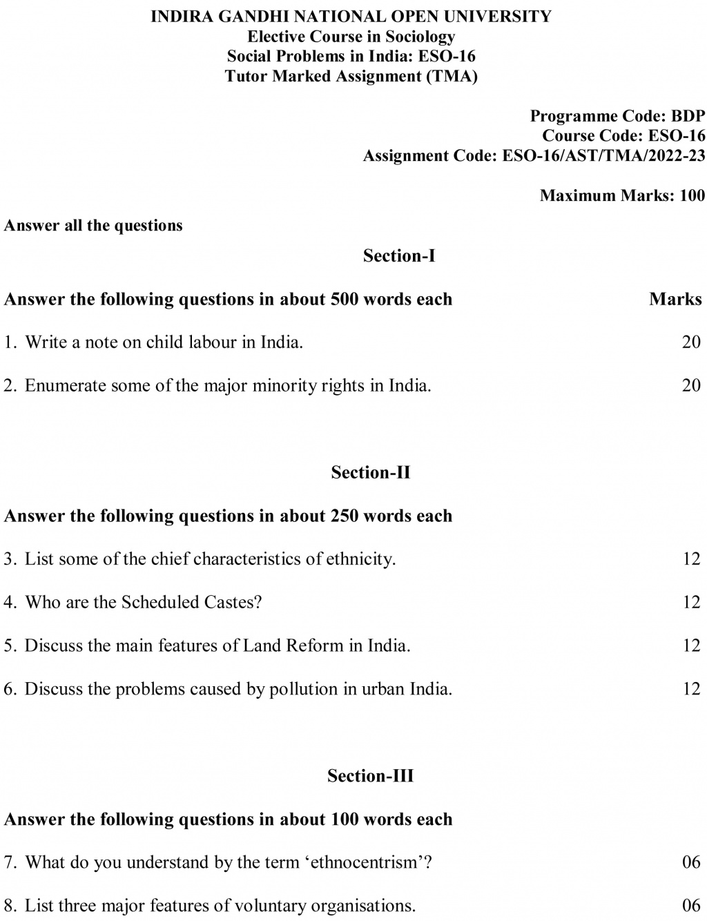 IGNOU ESO-06/16 - Social Problems in India, Latest Solved Assignment-July 2022 - January 2023