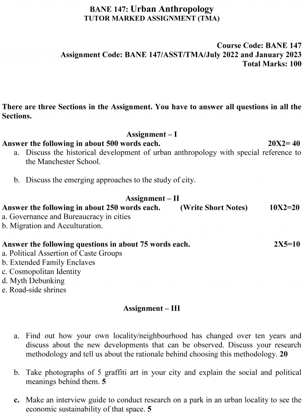 IGNOU BANE-147 - Urban Anthropology Latest Solved Assignment-July 2022 – January 2023