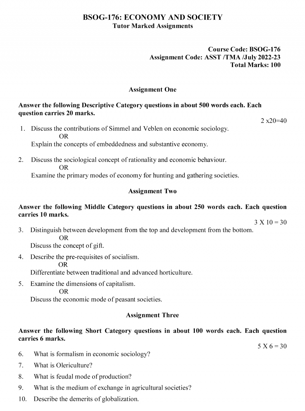 IGNOU BSOG-176 - Economy and Society, Latest Solved Assignment-July 2022 – January 2023