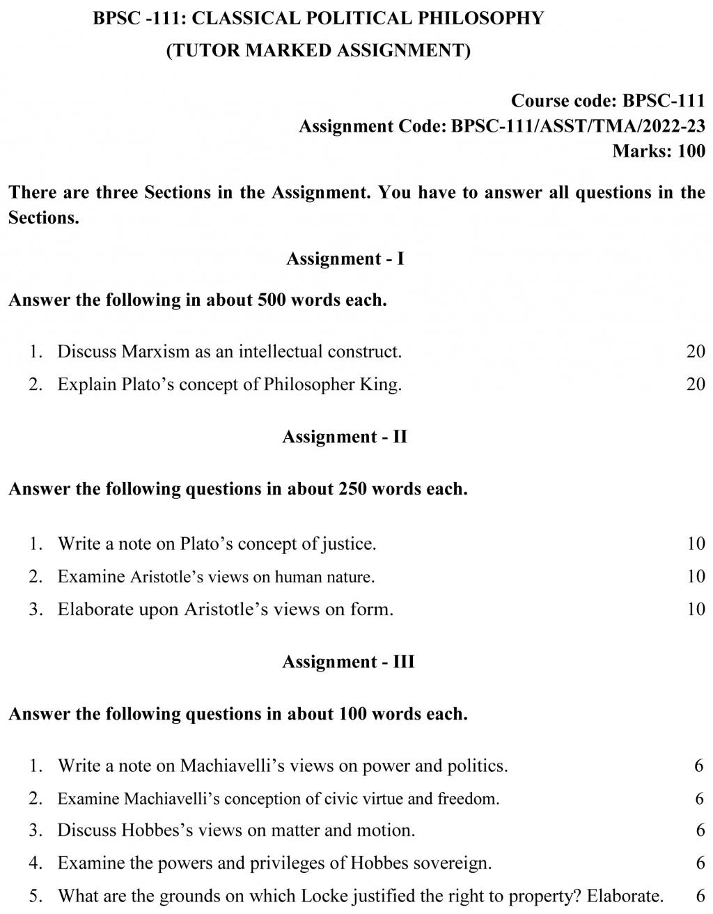 IGNOU BPSC-111 - Classical Political Philosophy, Latest Solved Assignment-July 2022 – January 2023