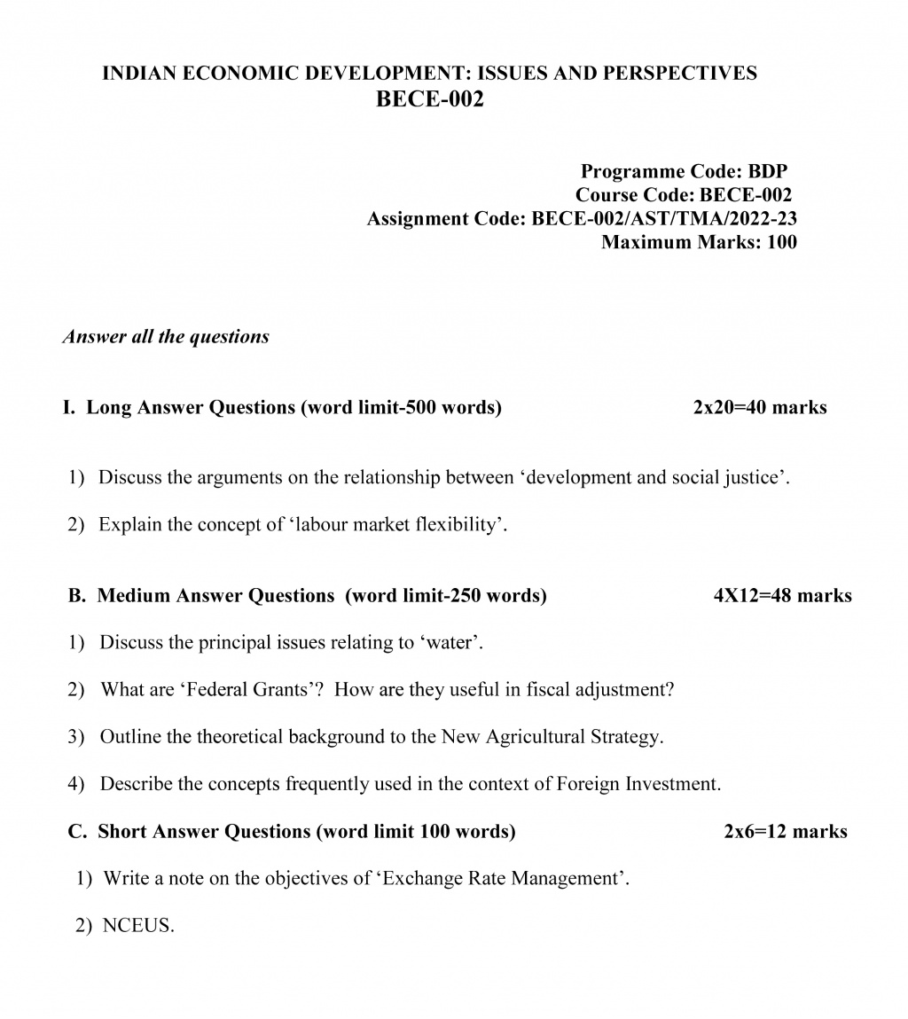 IGNOU BECE-02 - Indian Economic Development: Issues and Perspectives, Latest Solved Assignment-July 2022 – January 2023