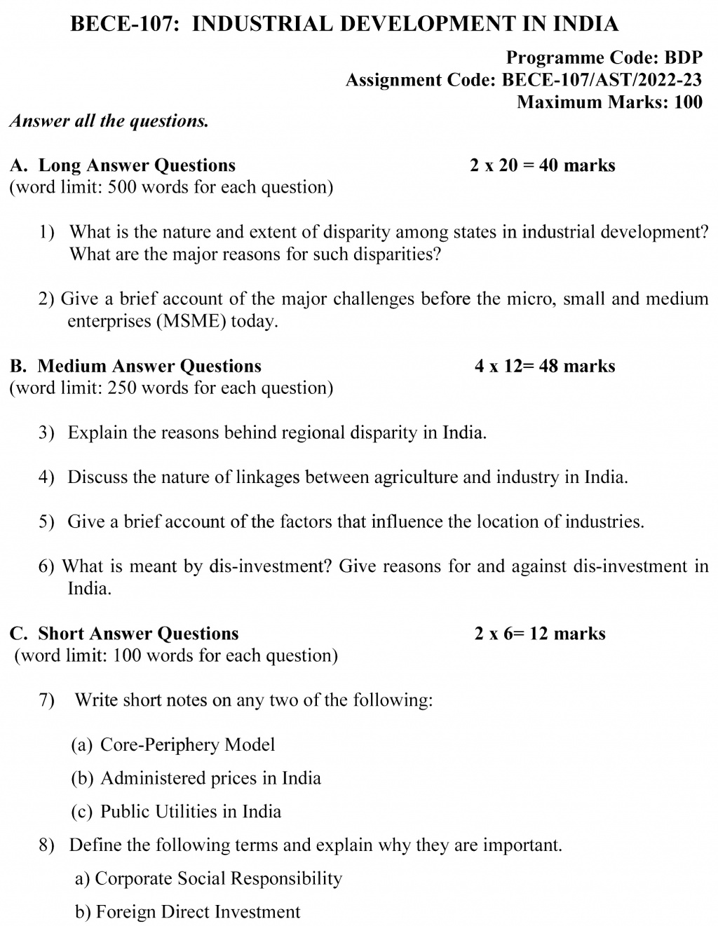 IGNOU BECE-107 - Industrial Development in India, Latest Solved Assignment-July 2022 – January 2023