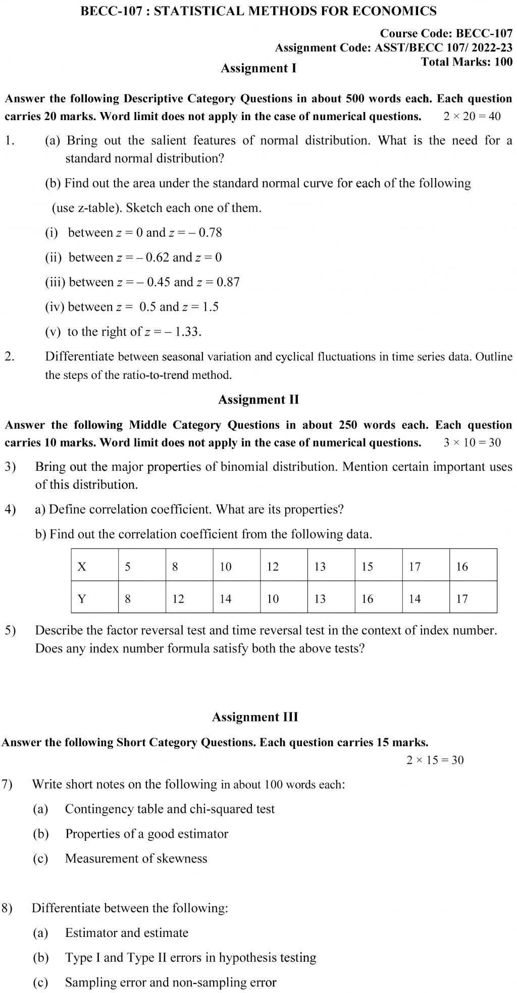 IGNOU BECC-107 - Statistical Methods for Economics, Latest Solved Assignment-July 2022 – January 2023