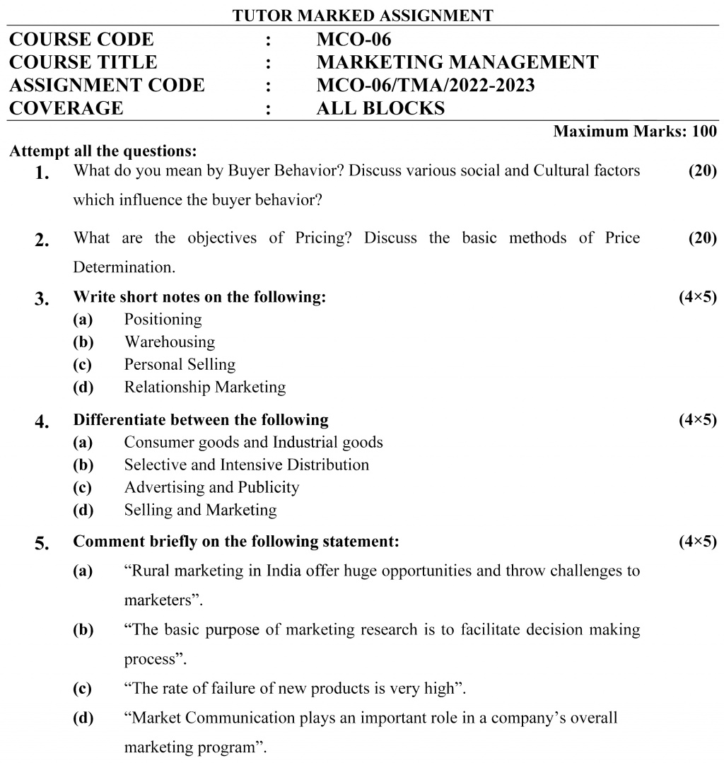 IGNOU MCO-06 - Marketing Management, Latest Solved Assignment-July 2022 – January 2023