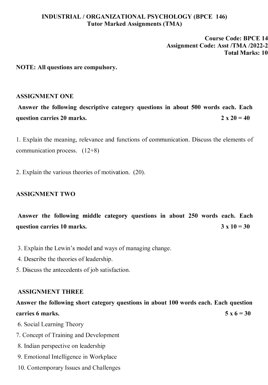 IGNOU BPCE-146 - Industrial/Organisational Psychology, Latest Solved Assignment-July 2022 – January 2023