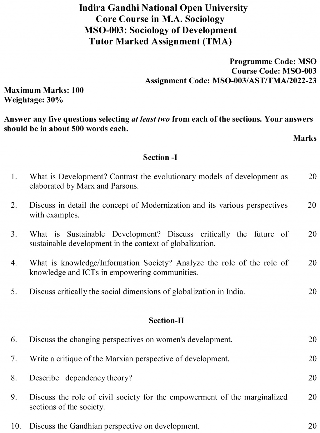 IGNOU MSO-03 - Sociology of Development, Latest Solved Assignment-July 2022 – January 2023