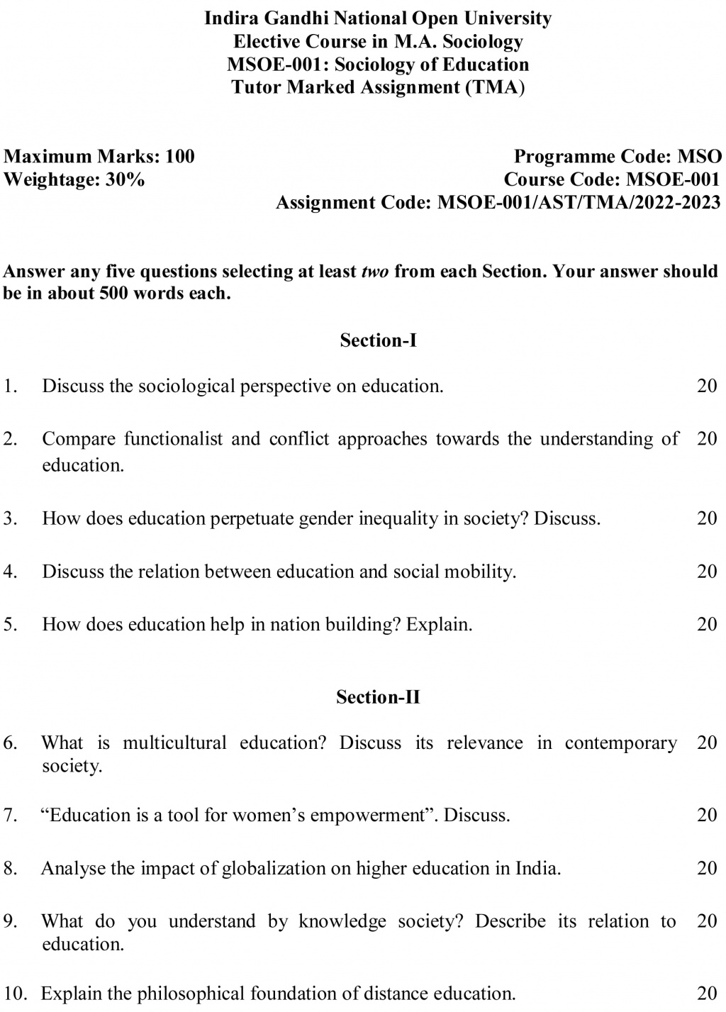 IGNOU MSOE-01 - Sociology of Education, Latest Solved Assignment-July 2022 – January 2023