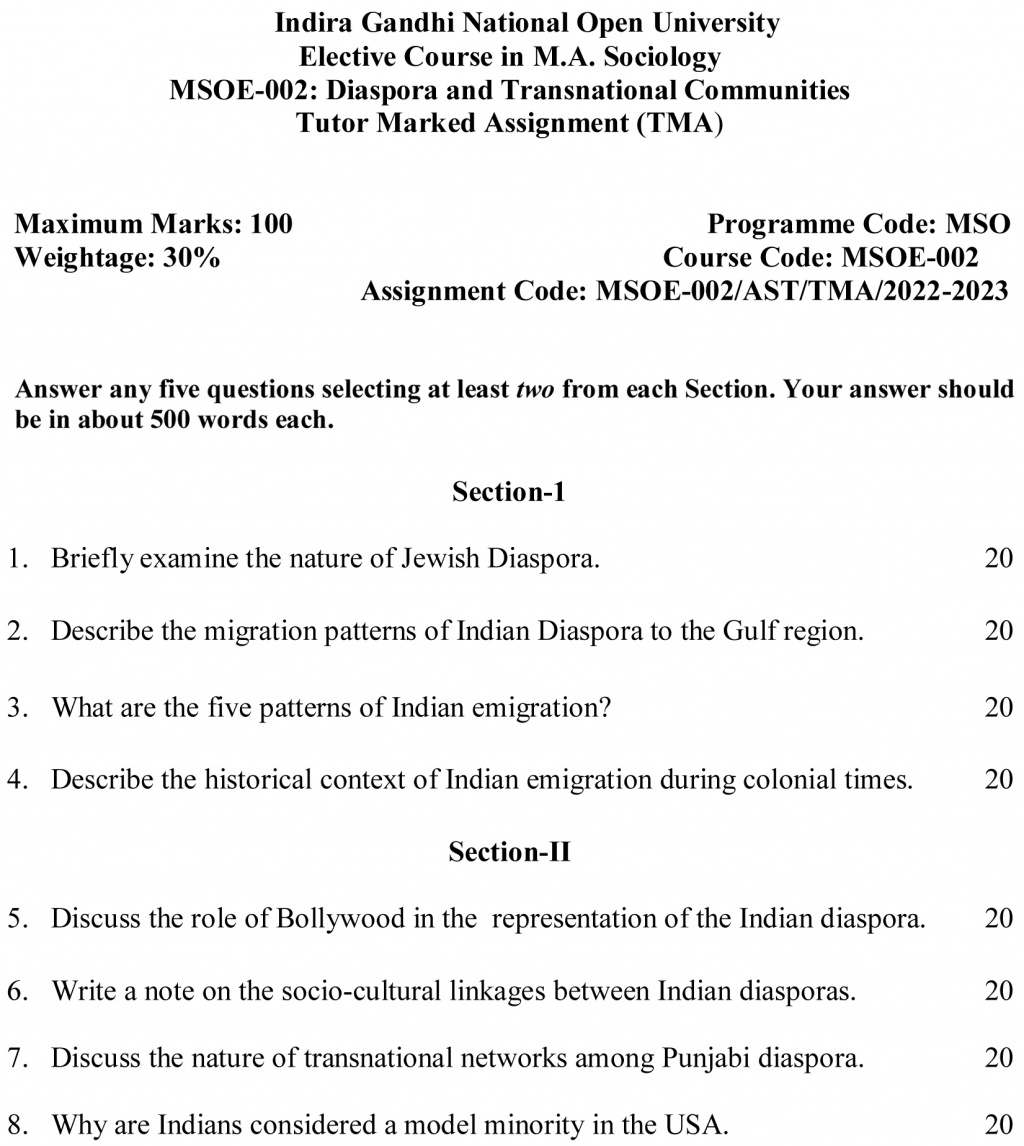 IGNOU MSOE-02 - Diaspora and Transnational Communities, Latest Solved Assignment-July 2022 – January 2023