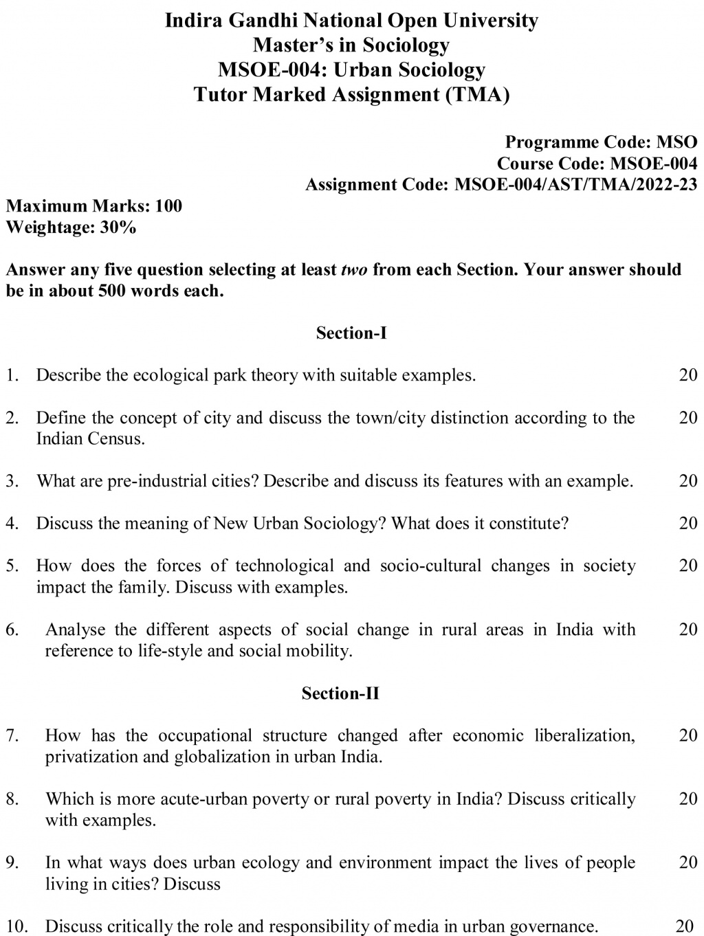 IGNOU MSOE-04 - Urban Sociology, Latest Solved Assignment-July 2022 – January 2023