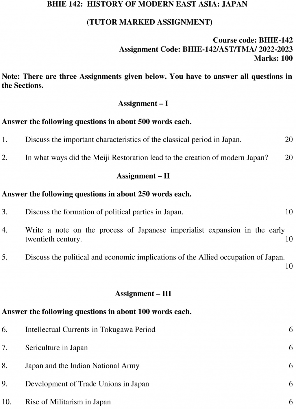 IGNOU BHIE-142 - History of Modern East Asia : Japan (1868-1945), Latest Solved Assignment-July 2022 – January 2023