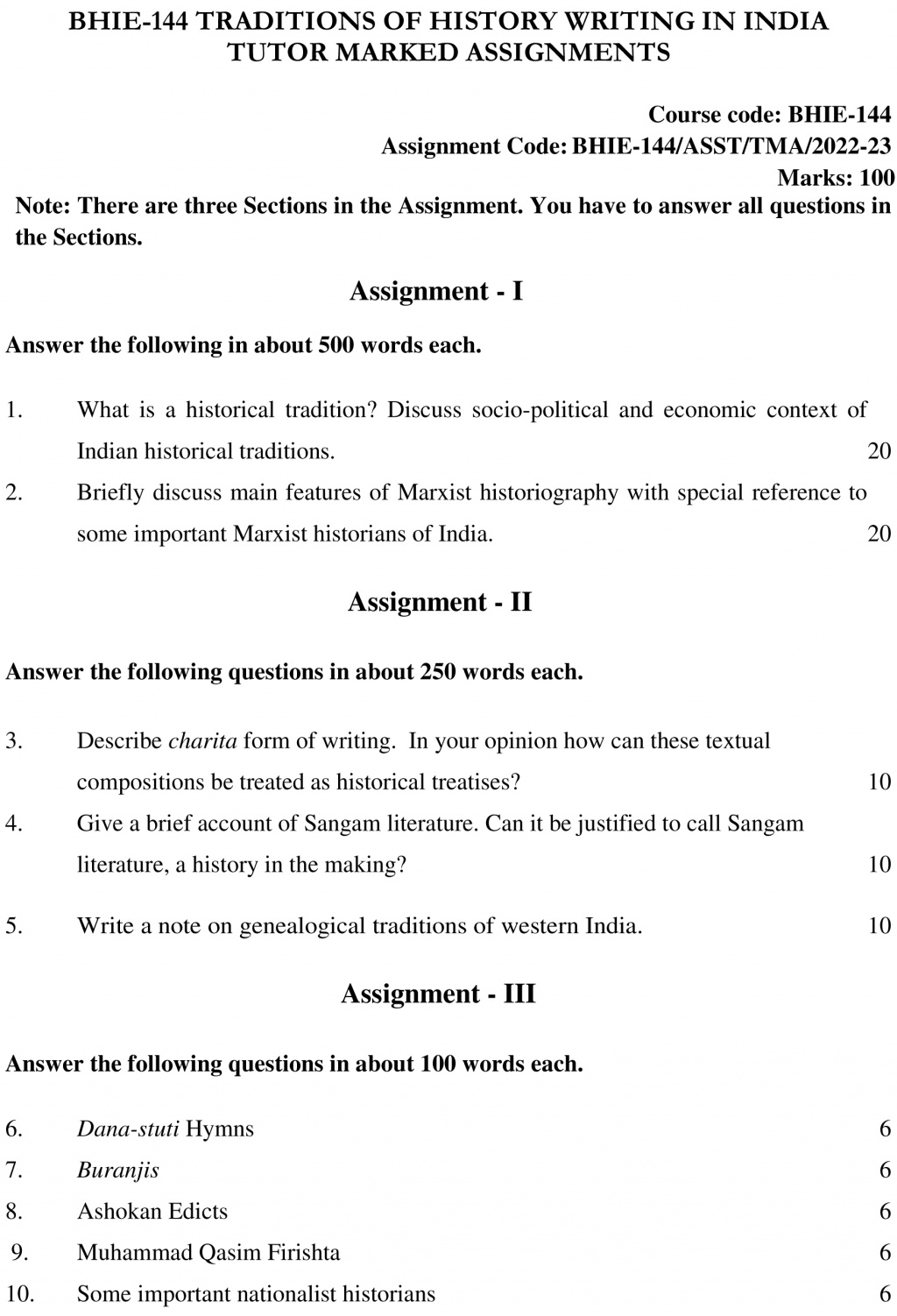 IGNOU BHIE-144 - Traditions of History Writing in India, Latest Solved Assignment-July 2022 – January 2023