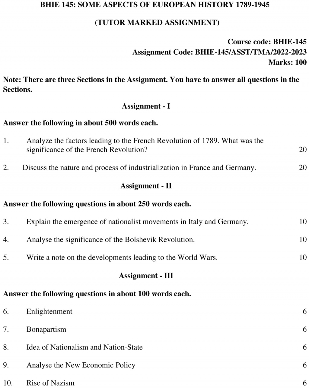 IGNOU BHIE-145 - Some aspects of European History: C. 1789 – 1945, Latest Solved Assignment-July 2022 – January 2023