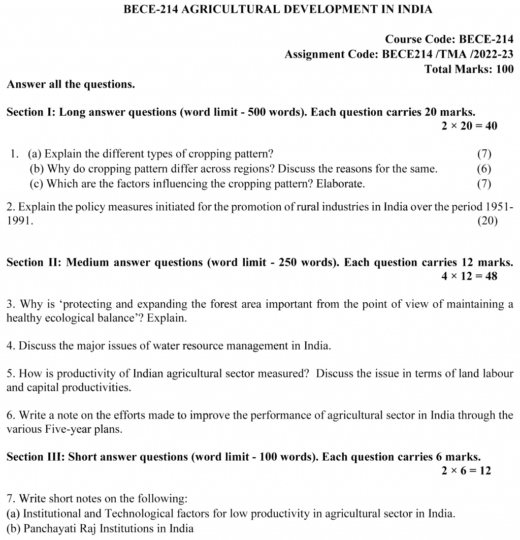 IGNOU BECE-214 - Agricultural Development in India, Latest Solved Assignment-July 2022 – January 2023