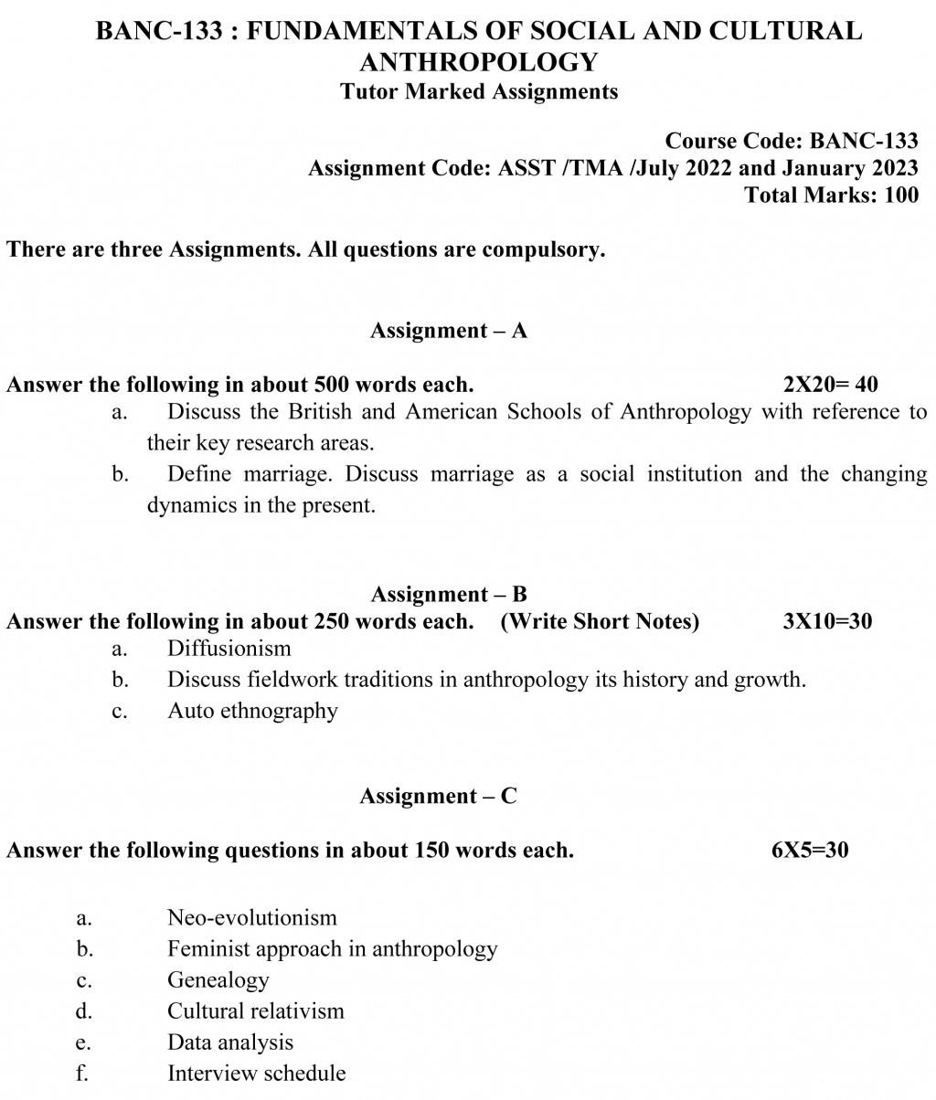 IGNOU BANC-133 - Fundamentals of Social and Cultural Anthropology, Latest Solved Assignment-July 2022 – January 2023