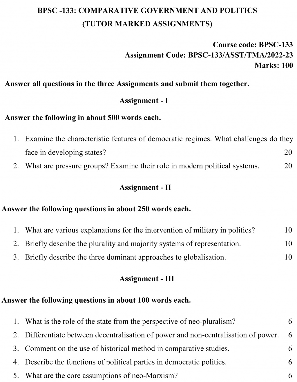 IGNOU BPSC-133 - Comparative Government and Politics, Latest Solved Assignment-July 2022 – January 2023