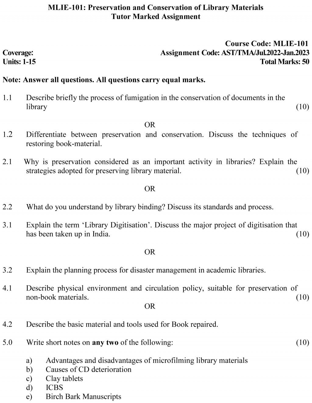 IGNOU MLIE-101 - Preservation and Conservation of Library Materials, Latest Solved Assignment-July 2022 – January 2023