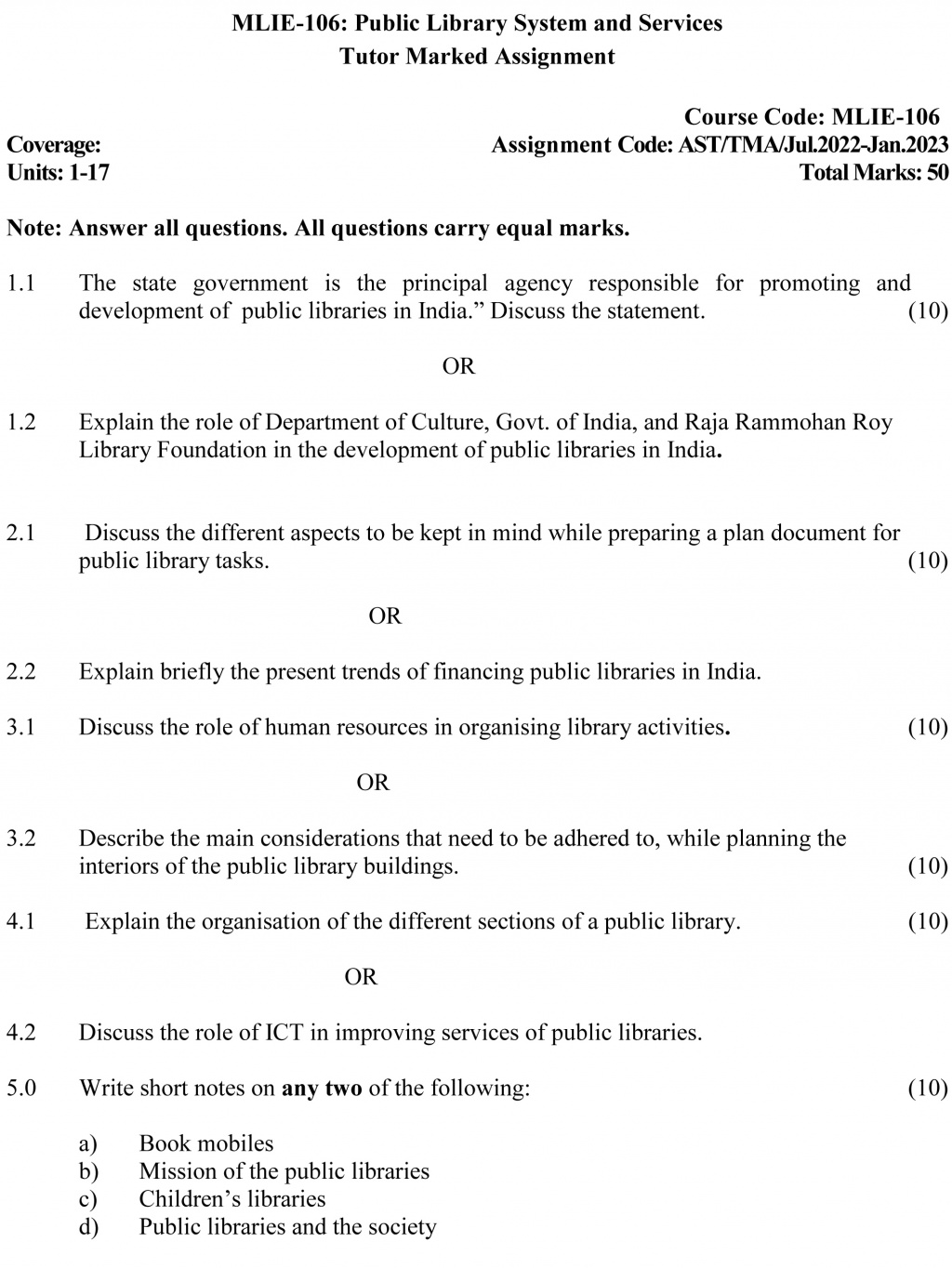 IGNOU MLIE-106 - Public Library System and Services, Latest Solved Assignment-July 2022 – January 2023