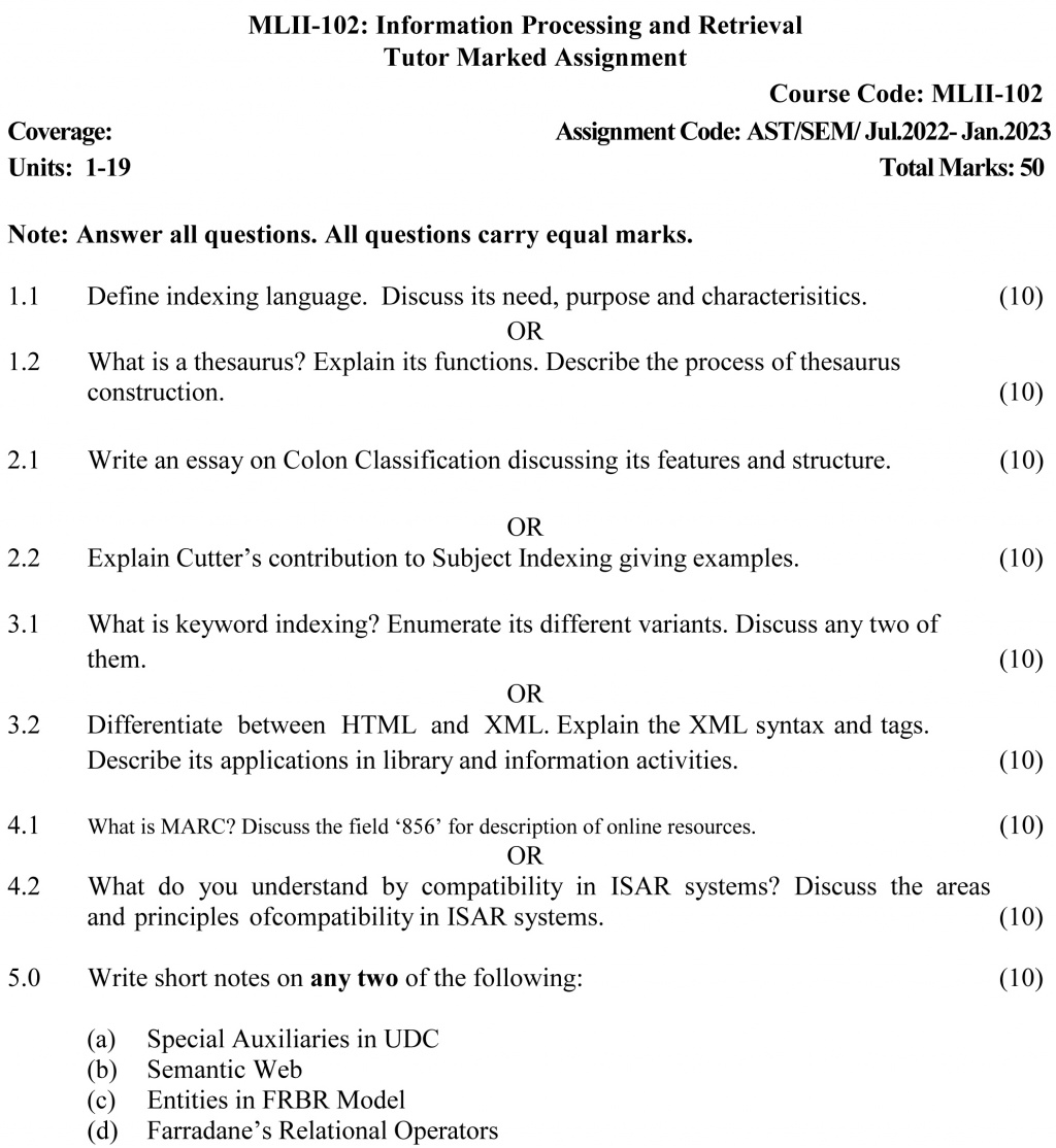 IGNOU MLII-102 - Information Processing and Retrieval, Latest Solved Assignment-July 2022 – January 2023