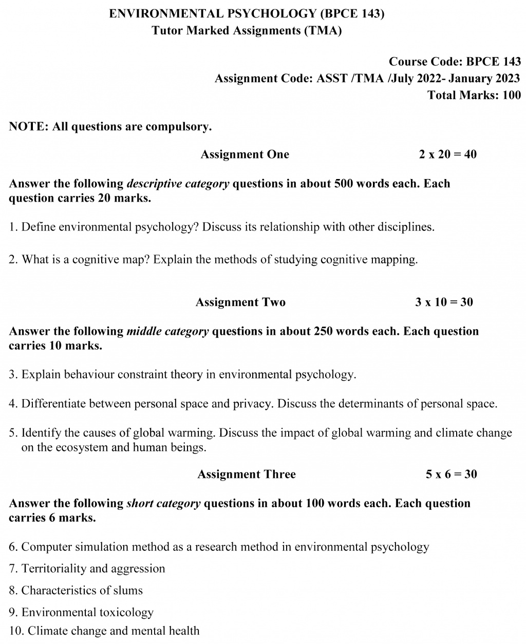 IGNOU BPCE-143 - Environmental Psychology Latest Solved Assignment-July 2022 – January 2023