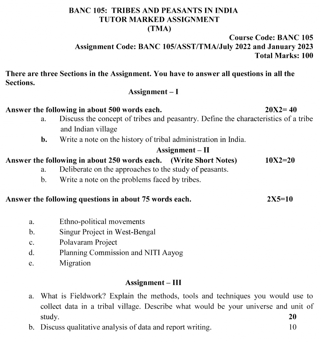 IGNOU BANC-105 - Tribes and Peasants in India, Latest Solved Assignment-July 2022 – January 2023