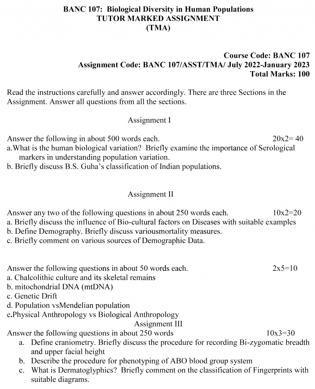 IGNOU BANC-107 - Biological Diversity in Human Populations, Latest Solved Assignment -July 2022 – January 2023