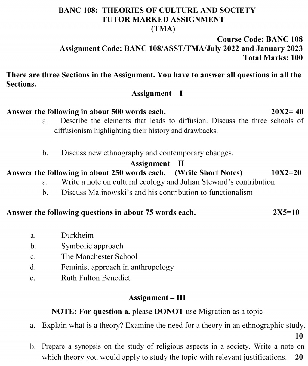 IGNOU BANC-108 - Theories of Culture and Society, Latest Solved Assignment-July 2022 – January 2023