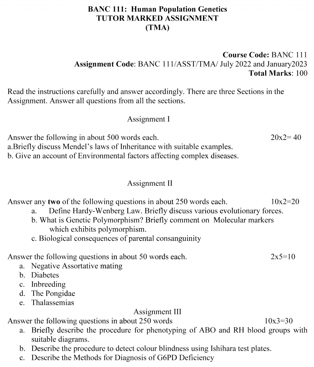 IGNOU BANC-111 - Human Population Genetics, Latest Solved Assignment-July 2022 – January 2023