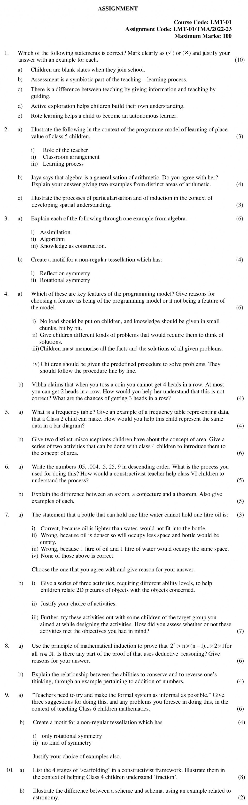 LMT-01 - Learning Mathematics-July 2022 – January 2023