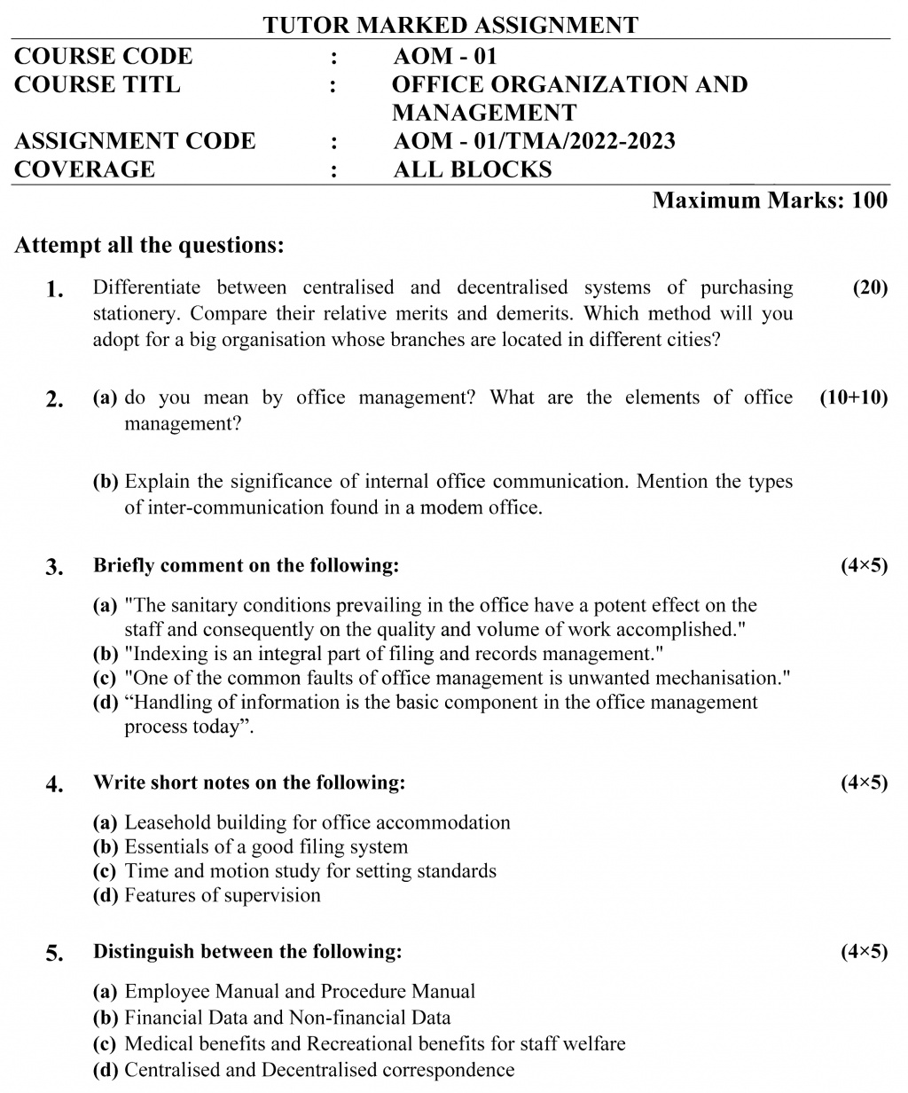 IGNOU AOM-01 - Office Organization and Management, Latest Solved Assignment-July 2022 – January 2023