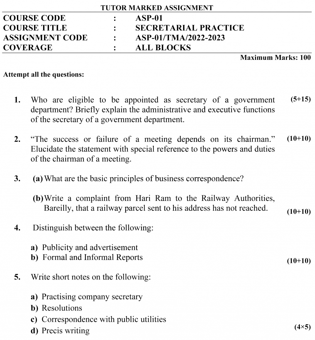 IGNOU ASP-01 - Secretarial Practice, Latest Solved Assignment-July 2022 – January 2023