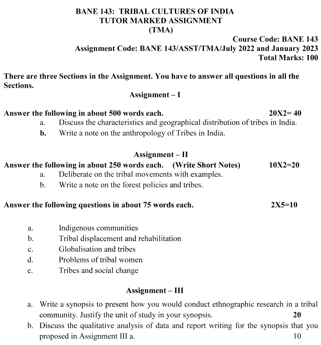 IGNOU BANE-143  - Tribal Cultures of India, Latest Solved Assignment -July 2022 – January 2023