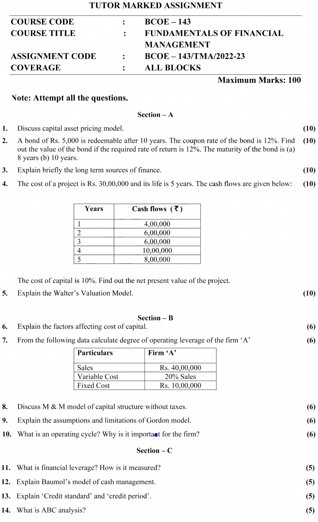 IGNOU BCOE-143 - Fundamentals of Financial Management, Latest Solved Assignment-July 2022 – January 2023