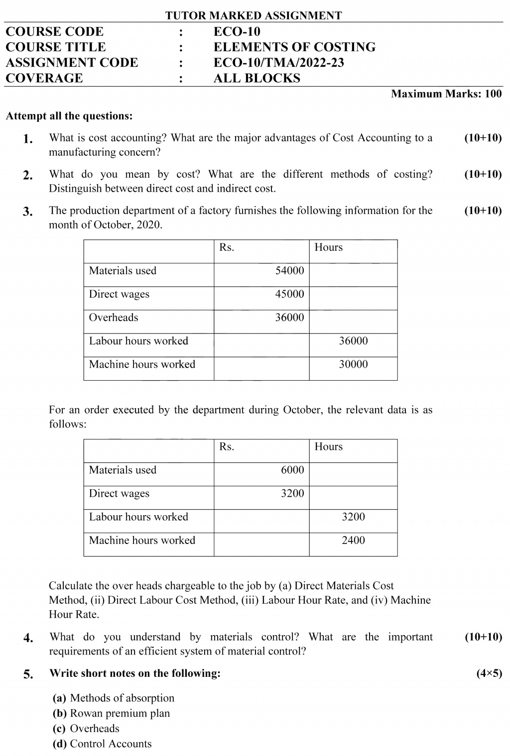 ECO-10 - Elements of Costing-July 2022 – January 2023